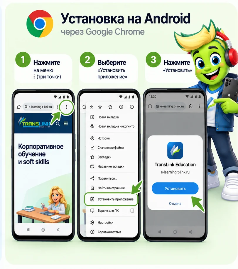 Три экрана Android: меню с тремя точками, пункт Установить приложение и подтверждение Установить