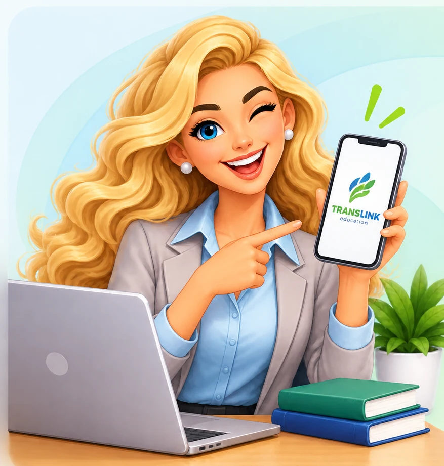 Радостная девушка показывает приложение TransLink Education на телефоне